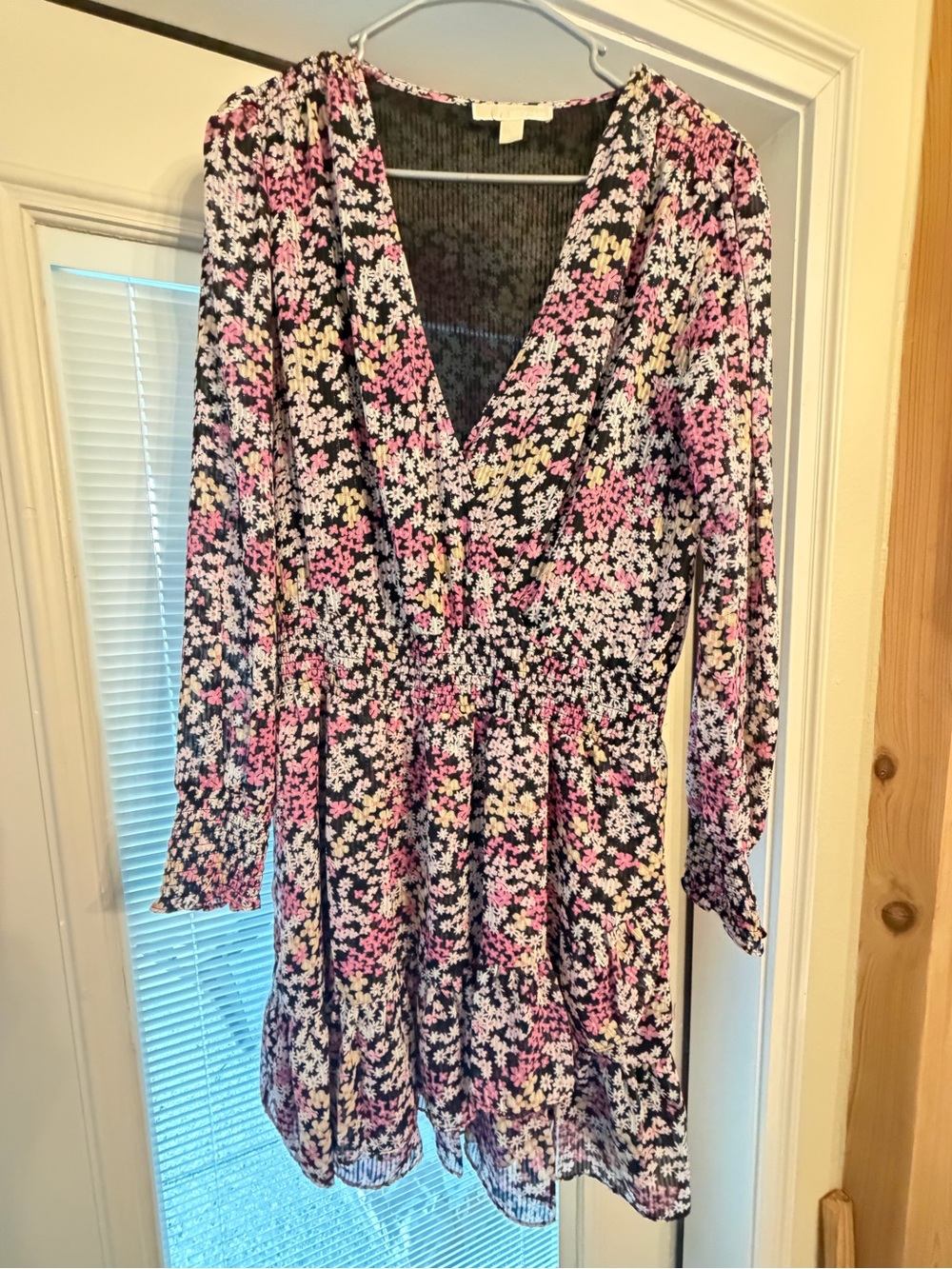 Michael Kors Black Floral V-Neck Long Sleeve Dress with Pink,White Purple Blooms